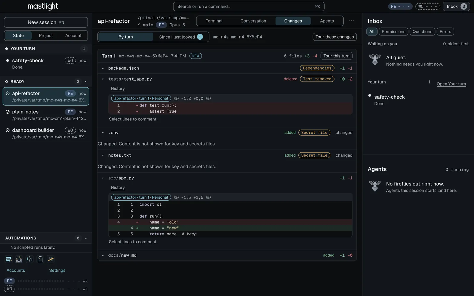 The Changes tab for a session, listing six files changed in turn 1: a dependency file, a deleted test marked Test removed, two secret files shown only as changed, and a source file with its diff.