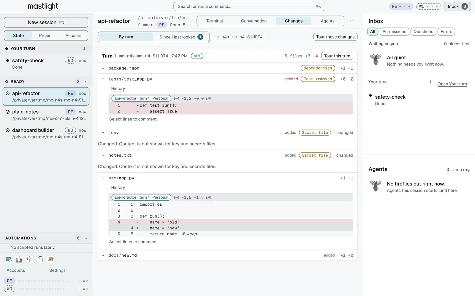 The Changes tab for a session, listing six files changed in turn 1: a dependency file, a deleted test marked Test removed, two secret files shown only as changed, and a source file with its diff.