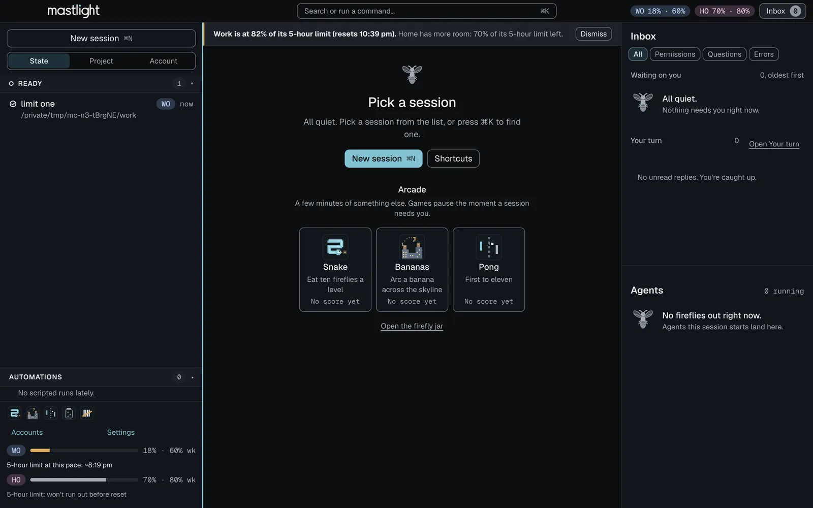 Mastlight on a Mac: a banner saying one account is at 82% of its 5-hour limit and that the other has more room, with a gauge for each account under the session list.