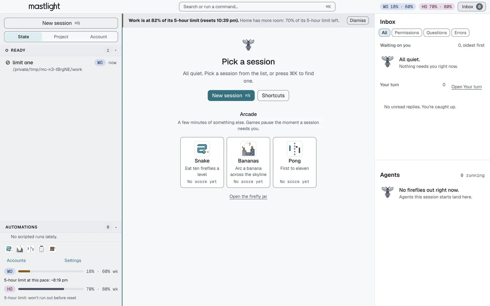 Mastlight on a Mac: a banner saying one account is at 82% of its 5-hour limit and that the other has more room, with a gauge for each account under the session list.